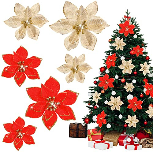 Aoriher 3 Tailles Décorations de Poinsettia à Paillettes de Noël Fleurs de Poinsettia Artificielles Rouges et Dorées Ornements d'arbre avec Clips Fleurs de Noël pour Mariage (Bord Doré à Paillettes)