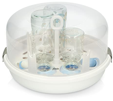 Alecto BW05 Mikrowellen Sterilisator für Babyflaschen - für 4 Fläschchen á 250 ml und Zubehör - BPA-frei - mit Zange und Messbecher - weiß
