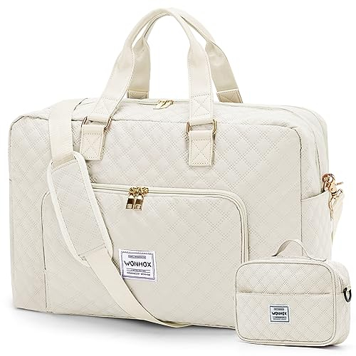 winspansy Reisetasche Damen Groß, Handgepäck Tasche Travel Weekender Gym Bag Sport Camping Tasche Damen Herren Carry On Bag Mit Trolleyhülle Nassfach Wasserdicht Beige