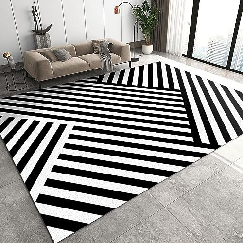 TEMLAN Gestreifte Schwarz-Weiß-Diagonale Teppiche Gegend, Geneigte Linien Im Zickzack Dekorativer Teppich für Wohnzimmer, Schlafzimmer, Esszimmer Badezimmer Küche Flur Läufer 60 x 120cm