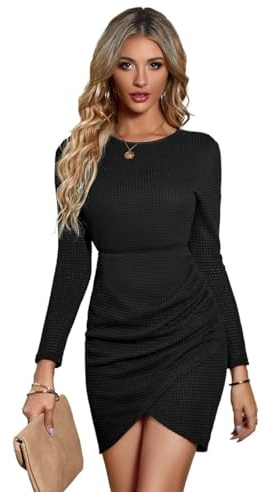 RPAEOY Vestido Mujer Elegante Manga Larga Cuello Redondo Dobladillo Cruzado Plisado Ajustado de Classy Retro Color Sólido Cóctel Vestidos de Noche Fiesta Clubwear Ceremonia Dress Invierno (Nero,L)