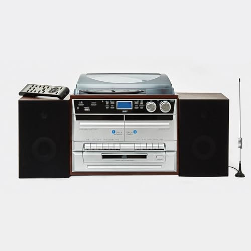 Coopers of Stortford - Hudson Music System with Turntable, CD, Cassette, DAB/FM Radio & Bluetooth – Vinyl Record Player with MP3 Recording & Playback, USB Encoding & Remote Control