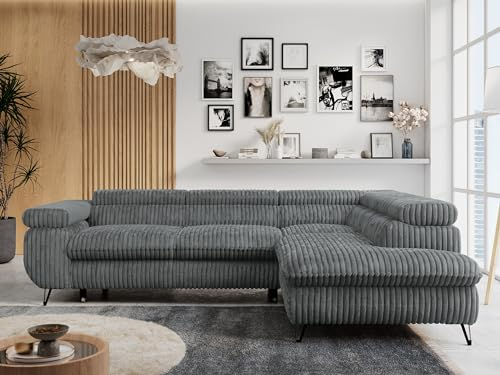 MKS MEBLE Ecksofa Cord Sofa Grau, Wohnlandschaft L-Form mit Schlaffunktion und Bettkasten, Schlafsofa mit Bettkasten, Sofa mit Einstellbare Kopfstützen, Peter L - Dunkelgrau Cord - Rechts Grau