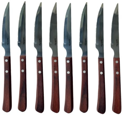 SanheKit Set di coltelli da bistecca,12 pezzi, acciaio inossidabile ad alto tenore di carbonio, manico in legno, design ergonomico dell'impugnatura,carne seghettato