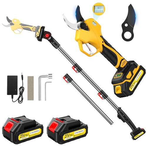 Sécateur Électrique Sans Fil avec Perche et Boîte, Sécateur Électrique avec Perche & Sécateur à Batterie 2-en-1 avec Écran, 2x2.0 Ah Batteries, 3 Réglages Secateur Electrique pour Branches, Arbustes