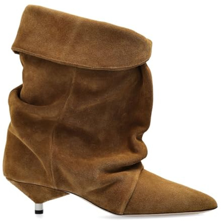 Kapxumo Women's Suede Ankle Boots Kitten Heel Pointed Toe Slouchy Fold Boots Slip On Causal Winter Cowboy Short Booties Ladies Brown