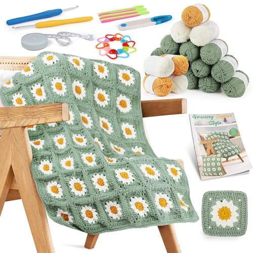 Aeelike Crochet Kit, Crochet Blanket Kit, Complete Starter Crochet Kits for Beginners Adults with Step-by-Step Instructions Book Yarn & Accessories, Learn to Crochet Daisy Granny Square Blanket Kit