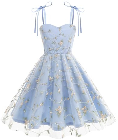 IDOPIP Embroidery Flower Girls Lace Dress for Kids Party Wedding Bridesmaid Communion Tulle Dresses Princess Pageant Birthday Formal Dance Prom Boho Floral Spaghetti Straps Gown ﻿ Blue 7-8 Years