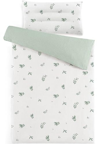 Susurration Parure de lit pour Enfant en Mousseline 100 x 135 cm : Housse de Couette 100 x 135 cm et Taie d'oreiller 40 x 60 cm, Légère et Confortable pour Bébé et Enfant (Bambou Vert)