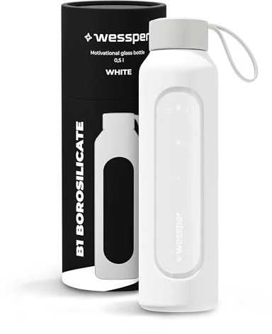 Wessper glasflaska med silikonhölje, borosilikatglasflaska med tidsangivelse 500 ml, sportflaska Idealisk för fitness, skola, sport, barn, BPA-fri drickmotivation - Vit