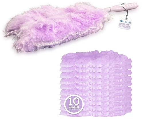 Purple Feather Duster with 10 Pack Microfibre Refill Heads, Reusable Handle with Hanging Eye, Feather Dusters for Cleaning Home Furniture, Window Blinds, Office Desk - Fluffy Duster on a Stick