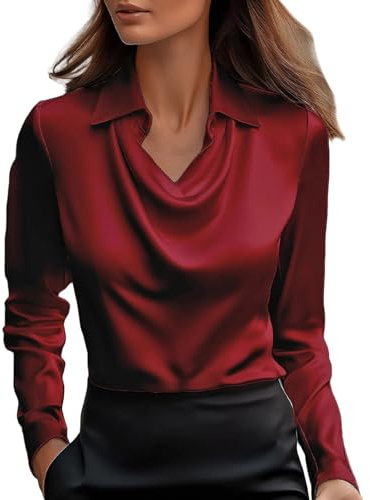 Blusas de Mujer Elegantes,Camiseta Manga Larga Mujer de Satén Color Sólido Moda Suelto Cuello Abierto Tumblr Tops Casual Fiesta Versátiles T-Shirt Camisa Original Otoño Invierno Basic tee