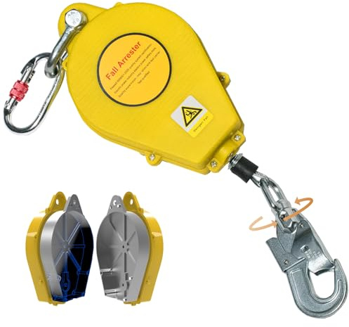 Aocay Harnais de Securite Anti Chute Toiture, 150 kg Dispositif Antichute a Rappel Automatique 10m/15m/20m, Stop Chute Toiture à Rappel Automatique avec Crochet Rotation(Jaune,10 Mètres)