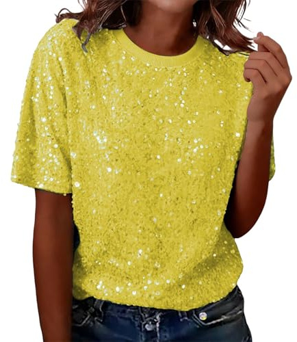 Top Paillettes Donna Elegante con Collo Rotondo e Maniche Corte Maglia Curvy Leggera con Glitter da Discoteca T Shirt Brillantini Casual Estive per Feste, Carnevale, Cerimonia,Giallo,Taglia unica