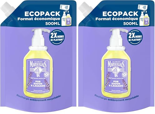 Le Petit Marseillais Ricarica Gel Lavant Mani Puro Sapone & Lavanda (Ecopack da 500 ml) - Ricarica sapone liquido per flaconcino pompa - Sapone mani all'olio essenziale di lavanda (Confezione da 2)
