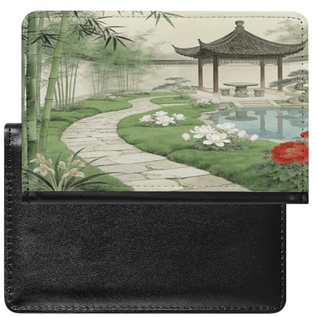 Funda de piel para pasaporte, con diseño de caminos, pabellones y estanques de bambú, billetera de viaje, ultrafina, para viajes, accesorios imprescindibles para pasaporte, libros