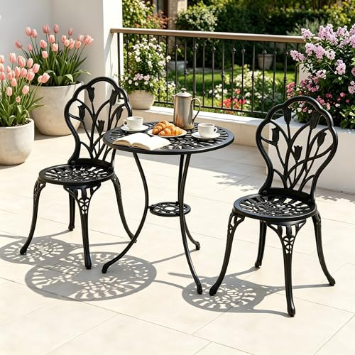 TANGZON 3 Pieces Patio Bistro Set, Outdoor Cast Aluminum Round Dining Table and 2 Armless Chairs with Parasol Hole, Garden Dining Furniture Set for Balcony Backyard Lawn (Black, Tulip Pattern)
