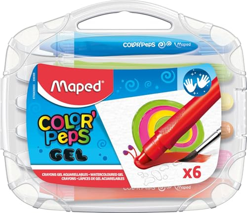Maped - Crayons Gel Aquarellables - 6 Craies de Coloriage Tendres - En Plastique + Système Twist qui Garde les Mains Propres - Couleurs très vives et Grand Pouvoir Couvrant - Valisette Plastique
