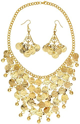shoperama Schmuck Set Ohrringe Kette Gold-Münzen Göttin Haremsdame Wahrsagerin Zigeunerin Römerin Orient 1001 Nacht Belly Dance Bauchtanz Glöckchen Bollywood