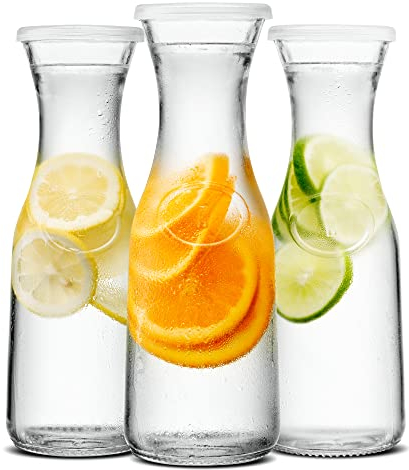 Kook Glass Carafe Pitchers, Beverage Dispensers, Clear Jugs for Mimosas, Water, Wine, Milk and Juice, with Plastic Lids, Dishwasher Safe, 35 oz (Set of 3)