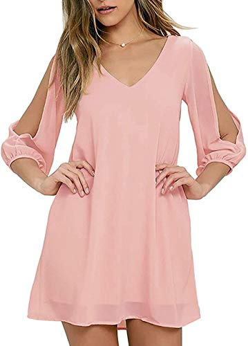 Brosloth Robe Femme Chic et Èlégante, Jupe D'été Casual en Mousseline à Épaules Dénudées, RobeBohèmes Taille Haute à Manches Longues, Mini Col V Robe de Cocktail Rose XXL