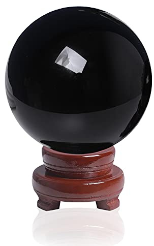 LONGWIN 120mm (4.7 in) Divination Black Crystal Ball Fengshui Sphere Home Decorations Meditation Ornaments with Rotating Wooden Stand