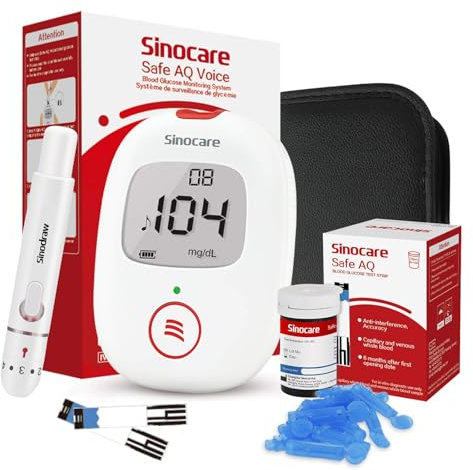 Sinocare Misuratore Glicemia Glucometro, Test della glicemia e annunci vocali, Contiene 25 strisce per glicemia e 25 Lancatte, Safa AQ Voice