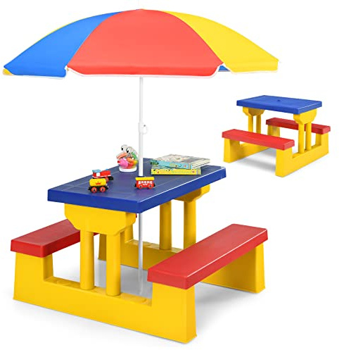 RELAX4LIFE Set Tavolo e Sedie per Bambini, Set Mobile da Esterno con Ombrellone Parasole da Esterno, Tavolino e Panche da Giardino Terrazzo Balcone, Mobile da Picnic e BBQ (Modello 2)