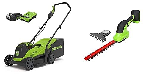 Greenworks Cortacésped de batería GD24LM33K2 (Li-Ion 24V 33cm a Incluye batería de 2Ah y cargador)+Greenworks 2in1 tijeras de batería para arbustos y césped G24SHT,Li-Ion 24V