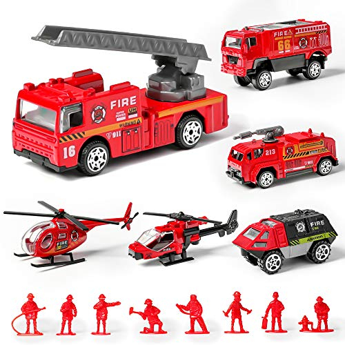 XINGANER Set di 14 veicoli per camion dei pompieri pressofusi, confezione da 6 modelli assortiti in lega di metallo, giocattoli per auto e 8 pompieri, mini set da gioco di emergenza per bambini e