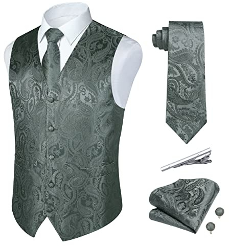 Rithern herrväst paisley blommig jacquard siden slips näsduk set med manschettknappar och slipsklämma set för bröllopsfest kostym väst set, Grå 3, XL