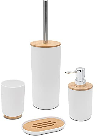 Inbagno Set Bagno Accessori Completo – 4 Pezzi, Kit Accessori appoggio in ABS e Legno bambù, Include Dispenser, portaspazzolini, portasapone e scopino WC, Linea Surf