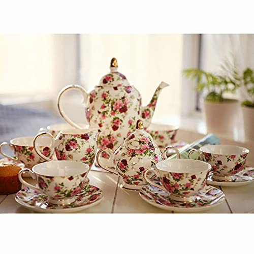 Juego de té de porcelana de 15 piezas, juego de tazas de café de China de hueso, regalo de servicio de té de boda de flor de rosa vintage para adultos decoración