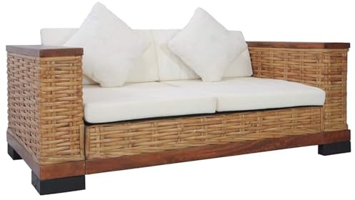 Homgoday Divano a 2 Posti con Cuscini Marrone in Rattan Naturale, Divano Letto Sofà Soggiorno Divanoletto, Divani per Esterno da Giardino, Divano Giardino Salotto Terrazzo Esterno Arredamento