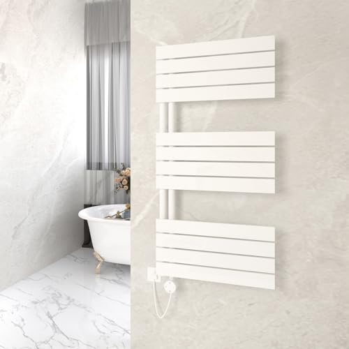 GY Bath Badheizkörper Elektrisch mit Thermostat 1200x600mm, Weiß Handtuchheizkörper Elektrisch Flach Design Handtuchtrockner Seitenanschluss mit Heizstab Timer Handtuchwärmer 800W