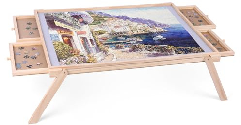 Ruication Jigsaw Puzzle Table Wooden Jigsaw Table Folding Tilting Puzzle Board With Leg Non-Slip Pad Surface for 1000 pieces 4 Sliding Drawers Storage For Adults Gift