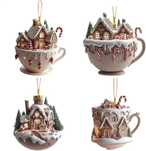 Coffee Cup Christmas Tree Decorations, 4 Pieces Acrylic 2D Snow House Hot Chocolate Mug Christmas Tree Pendant, Coffee Cup Christmas Hanging Ornament for Christmas Tree Holiday P-arty Home Car Decor