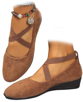 Scarpe da donna comode, elastiche incrociate, con zeppa, ballerina, alla caviglia, con cinturino incrociato, punta arrotondata, comoda pompa, Marrone, 35.5 EU