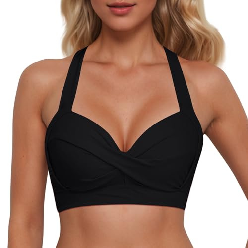 Generico Top Bikini Donna,Costume Bagno Top Donna Scollo A V Push Up Imbottito Reggiseni Bikini Sexy Tinta Unita con Imbottitura Rimovibile Allacciatura Tracolla Incrociata Spiaggia Swimsuit
