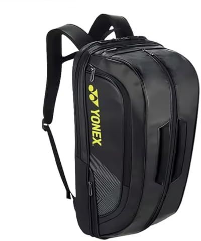 YONEX BA02312EX Expert Badminton/Tennis/Squash Leather Bag Backpack, 3 Racket Capacity, with Shoe Compartment. (Black/Yellow)