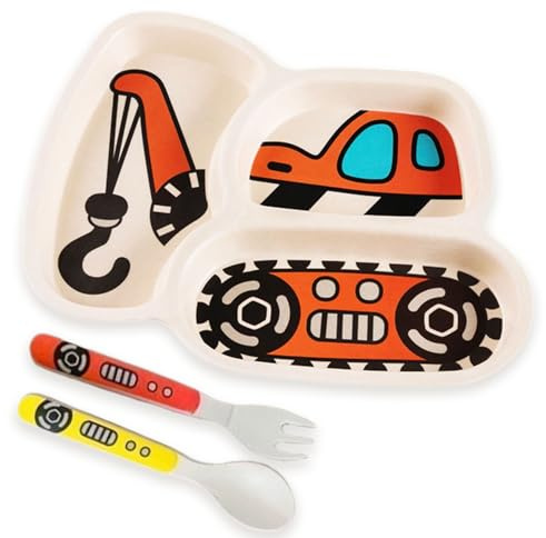 Barnservis set Kran, 3-delat bärbart set: Babytallrik, sked och gaffel, BPA-fri, lämplig för diskmaskin, mikrovågsugn och ugn