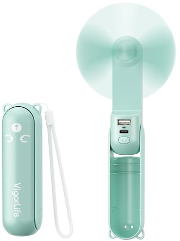 VigorLife Mini Handheld Fan,USB Rechargeable 3 IN 1 Personal Cooler Fans with Power Bank,LED Flashlight,Small Foldable Pocket Fan-Travel & Emergency Essentials for Outdoor Portable Cooling Fan (Cyan)