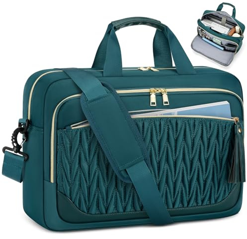 RAINSMORE 17.3 Inch Laptop Bag for Women Work Bag Large Briefcase Messenger Bags Tassel Design Teacher Tote Bag for Business Office Travel College Dark Green