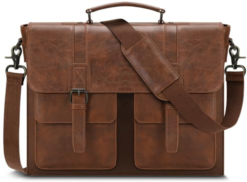 RAINSMORE Messenger Bag Briefcase for Men Waterproof PU Leather Laptop Bag 15.6 Inch Vintage Satchel Bag for Work Business Office College Brown