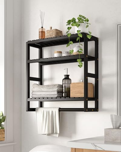 Bamworld Scaffale da Bagno a 3 Ripiani in Bambù, Organizzatore da Parete Moderno e Salvaspazio per Bagno, Cucina o Ufficio, Nero