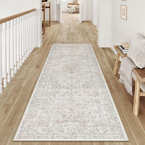 PureCozy Alfombra vintage lavable para pasillo, color beige, 60 x 180 cm, antideslizante, de pelo corto, suave, bohemia, para cocina, salón, dormitorio, cama, oficina, retro, alfombras