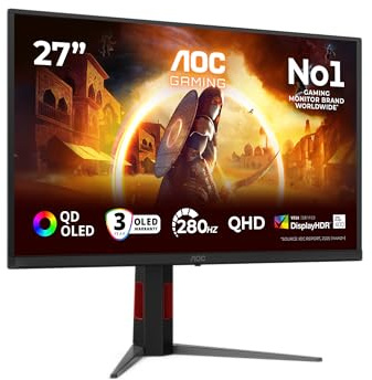 AOC Q27G4ZD 27 inch WQHD Monitor 280Hz, QD-OLED Panel, 0.03ms GtG, Adaptive Sync, HDR400 TrueBlack, G-Sync Compatible, Height Adjustment, (2560x1440 HDMI 2x 2.1 DP 1x 1.4 USB Hub) Black