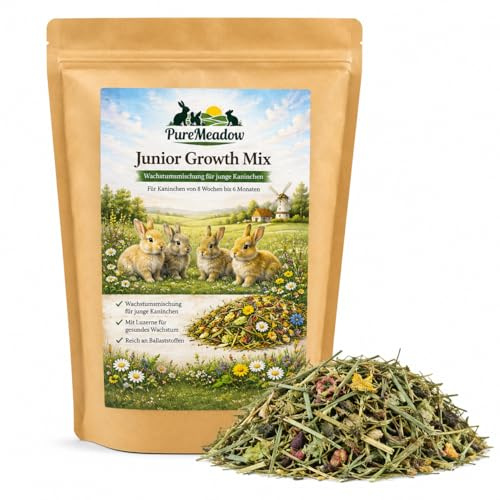 PureMeadow Junior Growth Mix 1 kg – kaninfoder för unga djur, med lusern, strukturrik och fiberrik, för 8 veckor – 6 månader