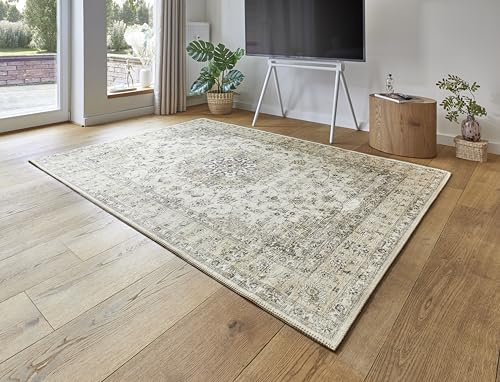 -LUXOR- living Teppich Wohnzimmer Prima im Vintage Design - Wohnzimmerteppich Teppich Kurzflor Digitaldruck in zeitlosem Design Creme 200 x 290 cm