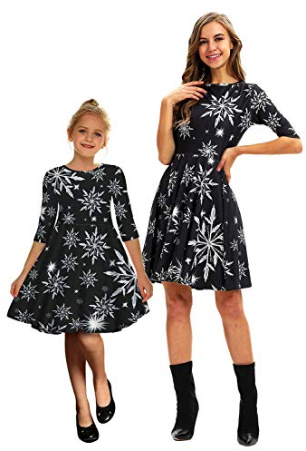 Onsoyours Weihnachten Mutter Tochter Kleid Damen Mädchen Langarm Weihnachtskleid Weihnachtsmann Schneemann Gedruckt A-Linie Festkleid Passend Familie Kleidung Abendkleid G Schwarz L